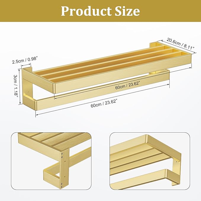 Towel Racks Double Towel Bar,Brushed Gold Towel Holder 23.6-inch Stainless Steel Bathroom Hardware Accessories Set