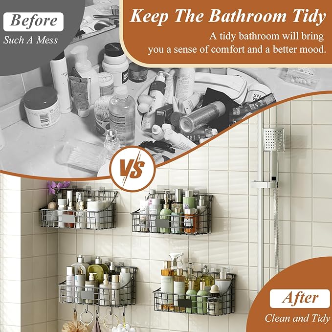 Sonyabecca Hanging Wall Wire Basket-4Pack,Large Metal Organizer Baskets & Bathroom Shower Shelf with 4 Adhesive Hooks+5 S Hook, Wall Mounted Baskets & Shelves for Bathroom, Kitchen Storage