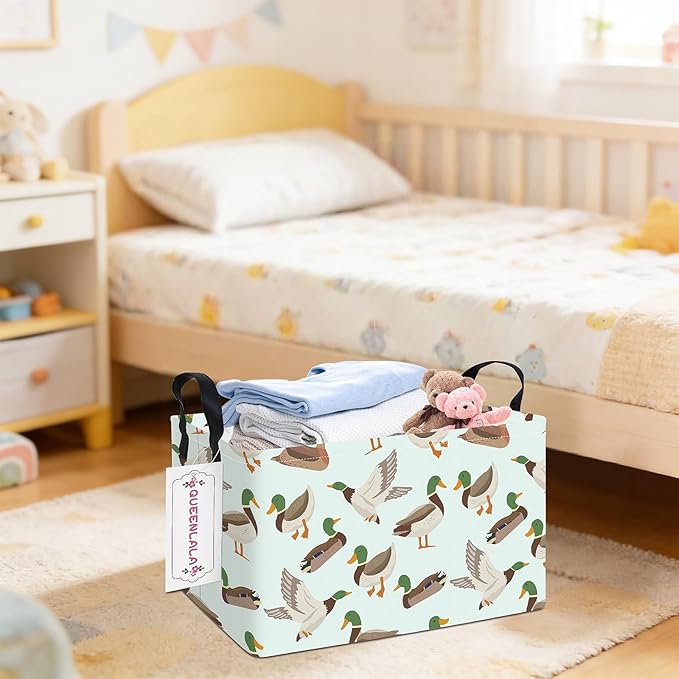 QUEENLALA Rectangular Laundry Hamper/Foldable Nursery Laundry Basket for Organizing/Storage Bin Baskets/Children Toy Office Bedroom/Toy Bin Closet Shelf Baskets (Rec-Mallard Duck)