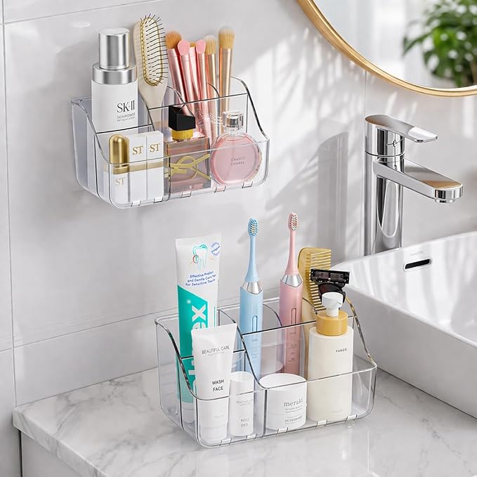 Sotfamily Clear Kids Toothbrush Holders for Bathrooms, Wall-Mounted Tooth Brush Holder & Toothpaste Holder for Bathroom Countertop or Wall, Space-Saving Bathroom Organizers and Storage(No-Drill)