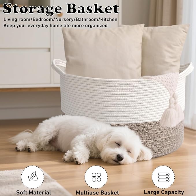 115L Extra Large Blanket Basket,Woven Rope Laundry Basket Hamper with Handles, Decorative Nursery Basket Storage Bin for Toys, Clothes Organizer, Living Room, Bedroom, Bathroom, White & Brown