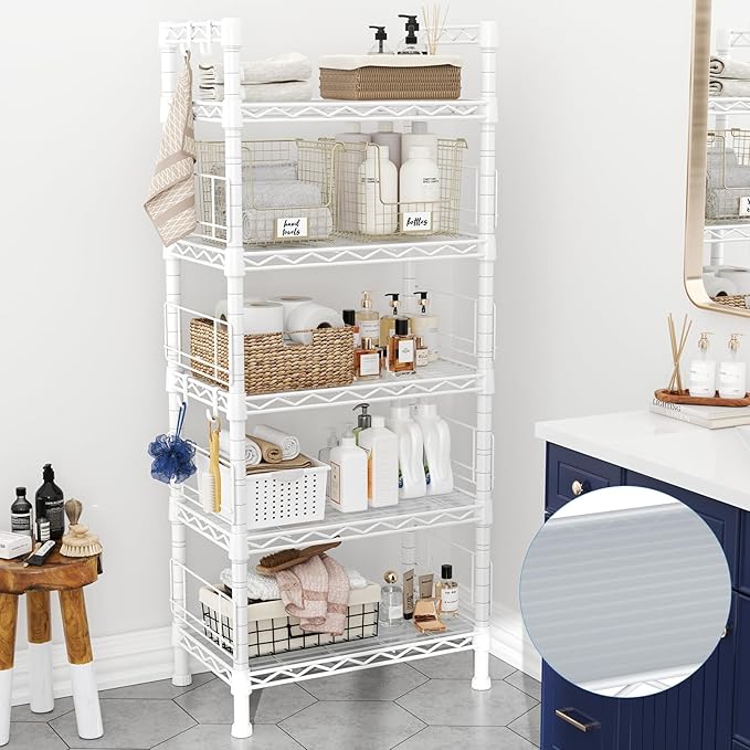 FUTASSI Metal Storage Rack, Storage Organizer Shelves for Kitchen, Bathroom, Living Room, Balcony and Garage, 5 Tiers Narrow Bookshelf, 21.2" W x 9.4" D x 59.2" H, Load 400lbs, White