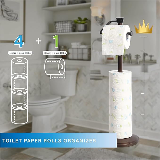 ZCCZ Toilet Paper Holder Stand, Freestanding Tissue Roll Dispenser with Reserve Storage, Bathroom Organizer for 5 Mega Rolls, Oil Rubbed Bronze Finish, Space-Saving Design for Modern Home Décor