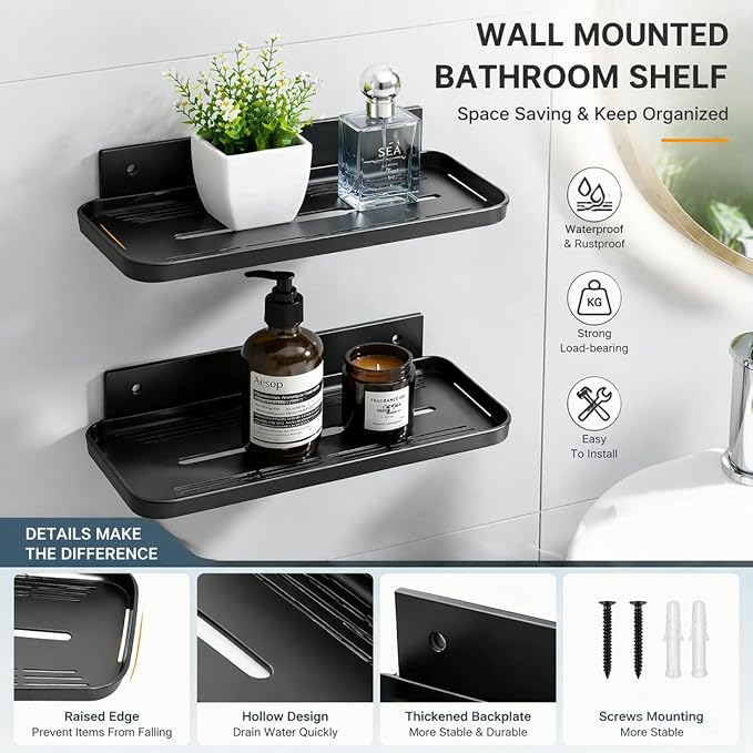 FAYYGYH Adhesive Floating Shelves No Drill Floating Shelf for Wall Storage Damage-Free Wall Mounted Organizer for Bathroom, Kitchen, Bedroom & Office (Black, 4 PCS)