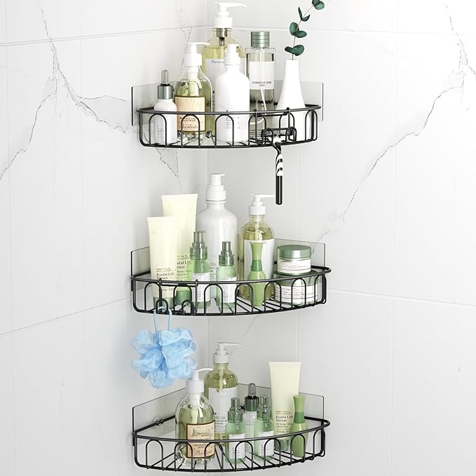 Orimade Corner Shower Caddy Stainless Steel with Hooks Wall Mounted Bathroom Shelf Storage Organizer Adhesive No Drilling 3 Pack, Black Only for 90-Degree Corner