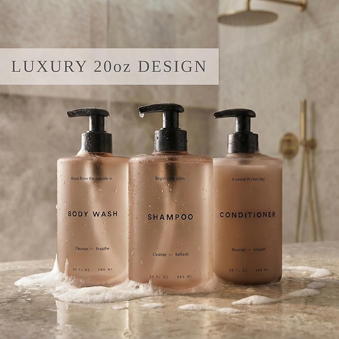 Stylish Shampoo and Conditioner Dispenser Set of 3 - Modern 20oz Shower Soap Bottles with Pump and Labels - Easy to Refill Body Wash Dispensers for an Instant Bathroom Decor Upgrade