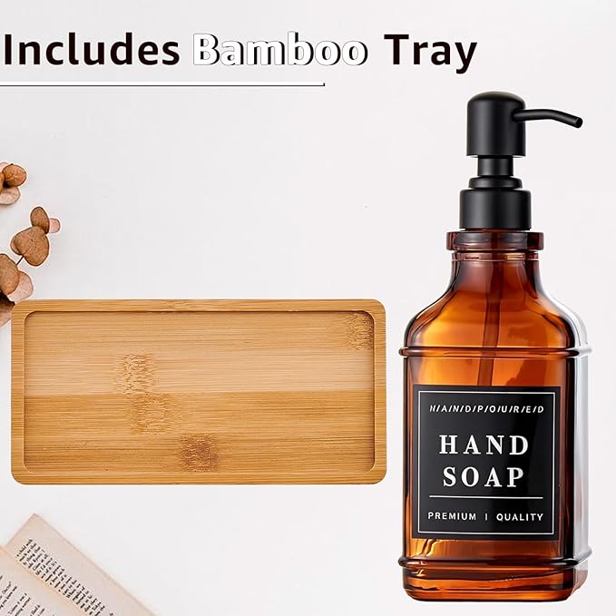 Dish and Hand Soap Dispenser for Kitchen, Amber Glass Soap Dispenser with Pump,Tray,Funnel, Set of 2 Countertop Soap and Lotion Dispenser for Bathroom,Shower,500ml/16.9oz,