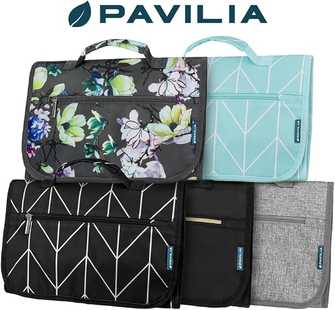 PAVILIA Hanging Toiletry Bag for Women Men, Large Foldable Toiletries Organizer with Hook, Water-Resistant Makeup Cosmetic Rollup Case, Clear Pockets for Bathroom, Gym, Cruise (Heather Grey)