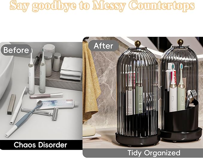 Toothbrush Holders with Cover, Drainage Rotating Electric Toothbrush Organizer, 3 Slots Tooth Brush Holder for Bathroom Counter, Gray Black