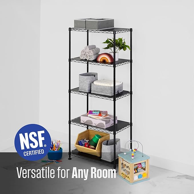 SafeRacks - NSF Certified Storage Shelves, Zinc, Heavy Duty Steel Wire Unit with Adjustable Feet, Garage or Bakers Rack, Kitchen, Pantry Shelf - (24"x14"x60" 5-Tier) (Black)