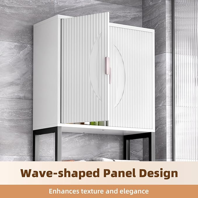 Kalrin Over The Toilet Storage Cabinet with Fluted Wave Doors and Adjustable Shelf, Wood Over Toilet Storage Rack with Drain Basket, Freestanding Bathroom Organizer for Balcony Laundry, White & Black