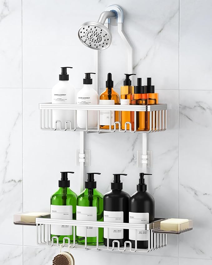 Shower Caddy Hanging, Never Rust Shower Organizer Hanging, Aluminum Shower Racks for Inside Shower with Hooks for Razor, Bathroom Organizers and Storage with Soap Holder, Bright Silver