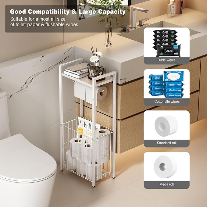 VOLDRA Toilet Paper Holder Stand with Storage Shelf, Free Standing Toilet Paper Roll Holder with Large Basket Heavy Duty Floor Double Tissue Dispenser for Bathroom Freestanding Tp Holder (Matte White)