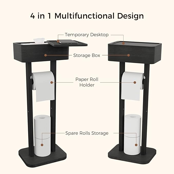 Wealone 4-in-1 Black Toilet Paper Holder Stand with Storage Shelf Box, 360° Rotating Bamboo Free Standing Toilet Tissue Roll, Toilet Wipes Dispenser Organizer, Temporary Desktop for Bathroom (Patent)