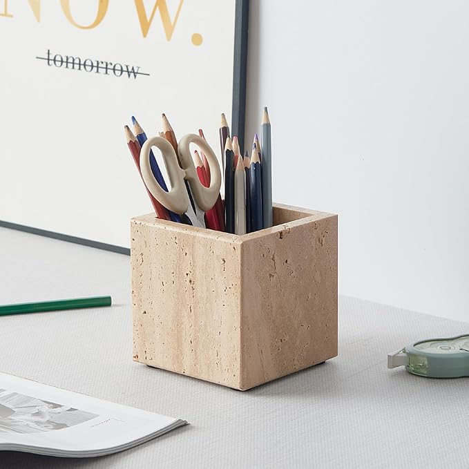 Real Luxurious Natural Marble Toothbrush Holder & Makeup Brush Organizer & Pen Holder for Desk,3.93inch Square Marble Utensil Holder Non-Ceramic/Non-Resin （Travertine）