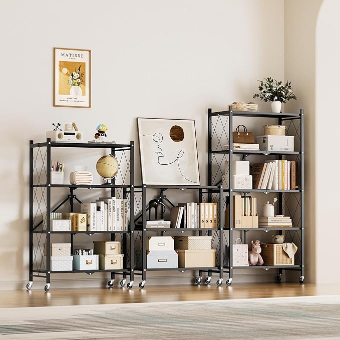HealSmart 3-Tier Foldable Metal Heavy Duty Storage Shelving Unit with Wheels, Organizer Shelves for Garage Kitchen Holds up to 750 lbs Capacity, Black