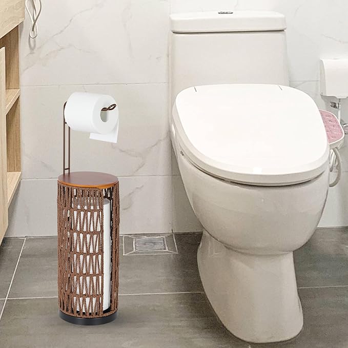 Trongee Freestanding Toilet Paper Holder with Storage,3 Rolls of Rattan Tissue Holder for Bathroom,Woven Toilet Paper Roll Holder Stand,Boho Bathroom Decor Farmhouse Toilet Paper Storage-Deep Brown