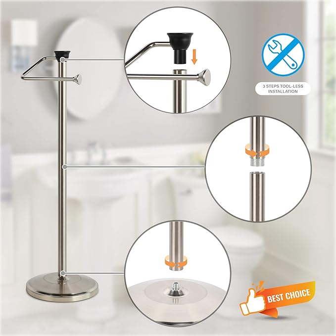 ZCCZ Toilet Paper Holder with Storage - Free Standing Tissue Dispenser - Nickel Finish - Holds up to 5 Mega Rolls - No Tools Required for Assembly - Durable and Stylish Bathroom Accessory