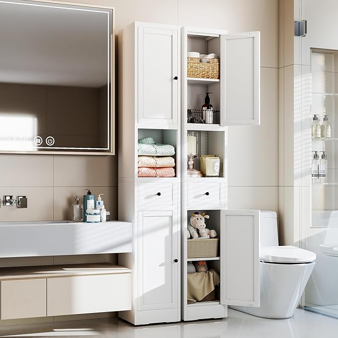 71 Inch Tall Narrow Bathroom Storage Cabinet, Slim Metal Freestanding Floor Cabinet with Doors, Adjustable Shelves, Drawer & Open Shelf, Bathroom Organizer for Small Spaces, White