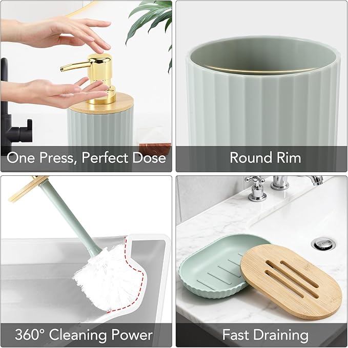 Bathroom Accessory Set, 10 Pieces Bath Set- Wicker Trash Can Tissue Box Soap Dish Toothbrush Holder Rinse Cup Lotion Bottle Toilet Brush Qtip Holder - Practical Bathroom Decor Sets (Sage Green)