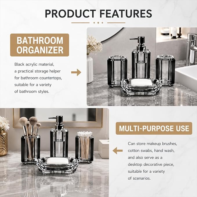 4-Piece Black Bathroom Accessories Set — Soap Dispenser, Soap Dish, Mouthwash Cup & Toothbrush Holder, Glossy Acrylic with Brushed Black Accent, Modern Bathroom Decor