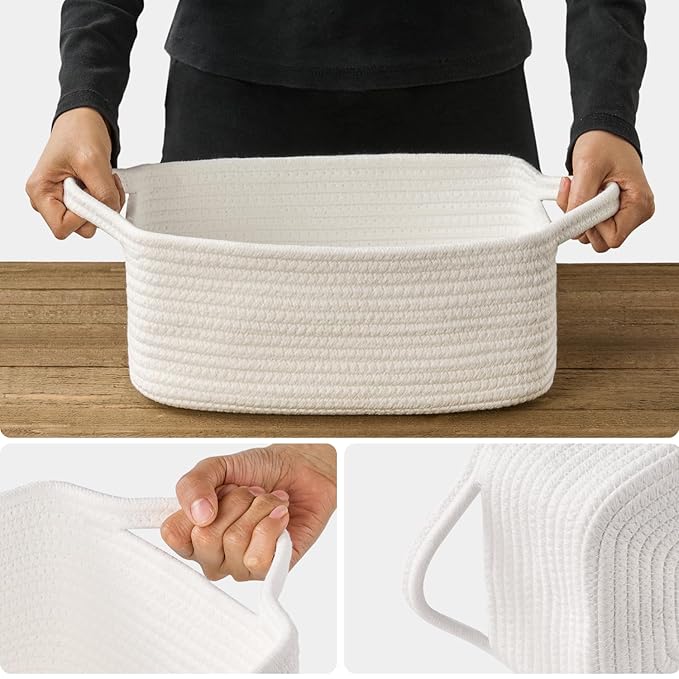 Small Woven Gift Basket Empty with Bag & Ribbon - Gifts for Mom, Baby Shower, Birthdays & Raffle - Cotton Rope Storage Basket for Dog Toys or Shelf - 12"x8"x5", White