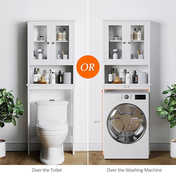 Over The Toilet Storage Cabinet for Bathroom, Storage Organizer Over Toilet, Space Saver with Tempered Glass Doors, White