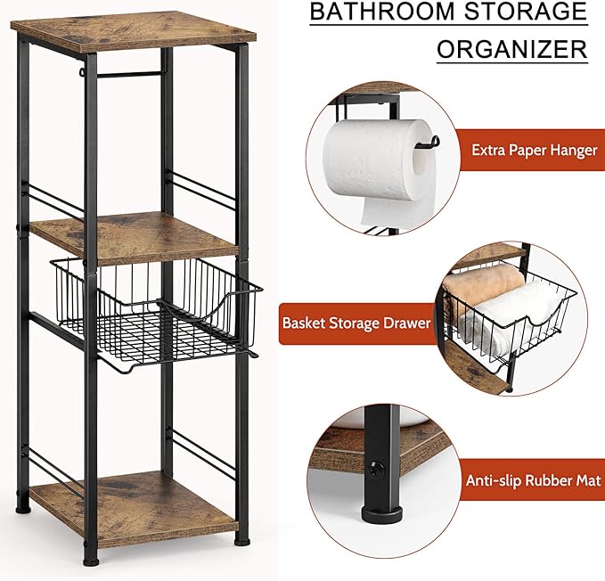 OYEAL Small Bathroom Floor Storage Cabinet 3 Tier Corner Storage Organizer with Drawer Freestanding Bathroom Towel Storage Unit for Small Space Laundry Room Entryway Kitchen, Rustic Brown