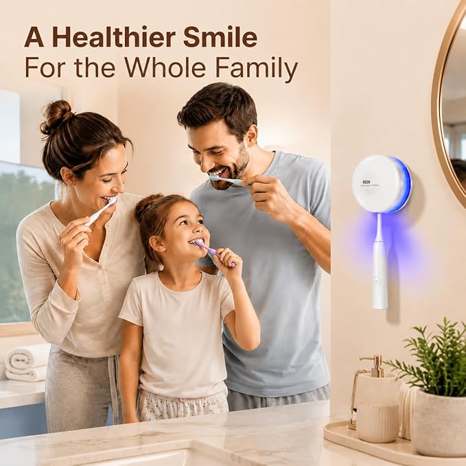 Toothbrush Sanitizer Holder for Bathroom, Wall-Mounted Organizer with Dynamic Ambient Light & Air Drying, Travel Dustproof Case, Fits Electric/Manual/Kids’ Toothbrushes