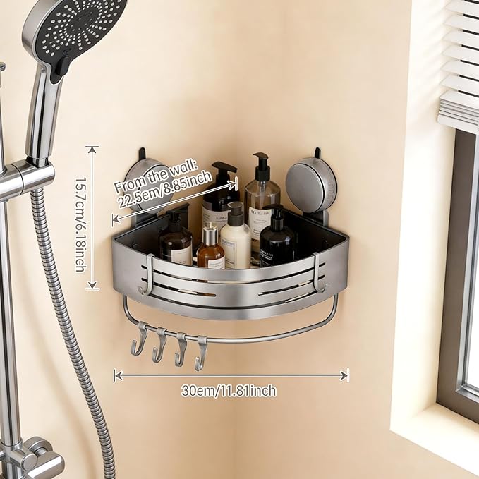 No-Drilling Corner Suction Cup Shower Caddy(1-Pack Gray),Rust-Proof and Durable Bathroom Organizer with Towel Bar & Hooks,Modern Large-Capacity Wall-Mounted Shower Shelf