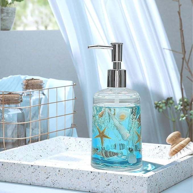 FONMY Soap Dispenser with Pump Acrylic w/Nature Seashell Handmade Bathroom Hand Soap Dispenser, Kitchen Refillable Liquid Dispenser for Soap,Dish Soap, Lotion (Blue)