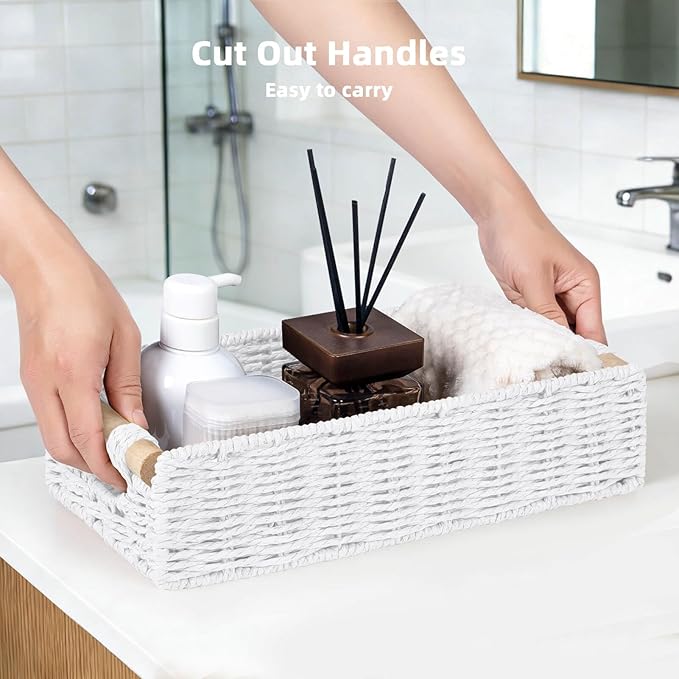 CubesLand Back of Toilet Storage Basket for Organizing w/Cut Out Handle, Handwoven Toilet Tank Top Paper Baskets, Wicker Decorative Basket for Countertop, Home Decor, Living Room, Nursery, White