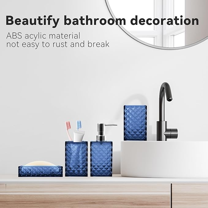 Bathroom Accessory Set, 4 PCS Blue Bathroom Accessories Sets, Soap Dispenser and Toothbrush Holder Set, Soap Dish and Mouthwash Cup, Boho Bathroom Decor, Plastic Bathroom Sets Accessories