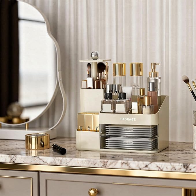 Large Makeup Organizer Countertop with Drawers, Make Up Organizer for Vanity, Makeup Storage Organizer Countertop Makeup Organizers for Skincare (Style2-Cream)