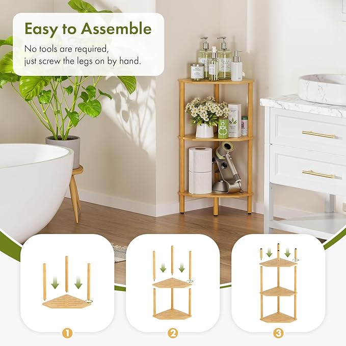3 Tier Bamboo Corner Shelf, Storage Stand with Adjustable Feet, Small Space Corner Bookcase, Outdoor Plant Stand, Space-Saving Organizer for Bathroom Kitchen Living Room