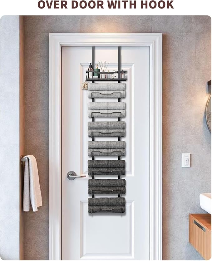 Aetyord Hanging Towel Racks for Bathroom No Drill - Over The Door 8-Tier Bath Towel Storage Organizer for Small Bathrooms - Back Door Large Tiered Towel Holder Hanger for Rolled Towels RV Camper BLACK