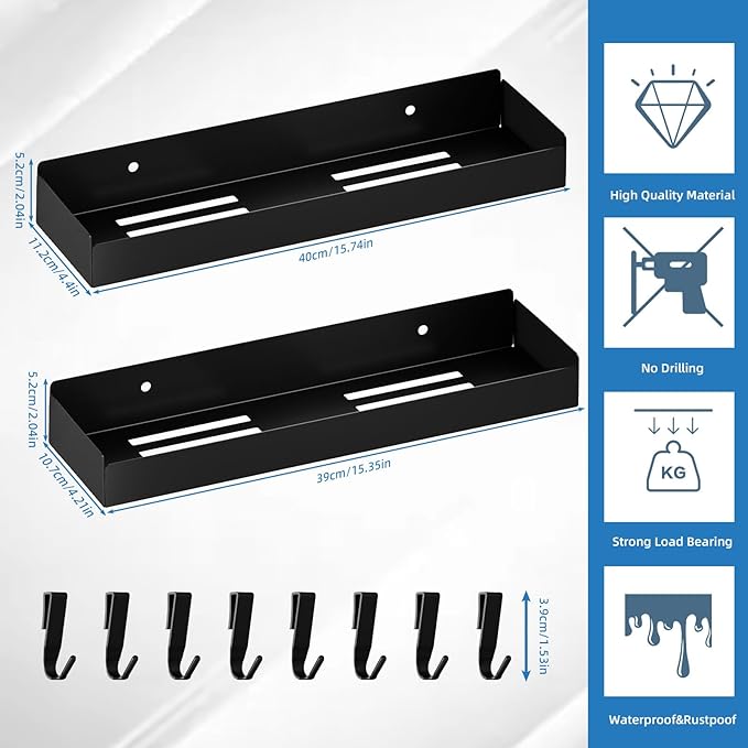 Wisfame Shower Caddy Black,40cm Adhesive Shower Shelve with Large Capacity, Quick-Dry Metal Bathroom Shelves with 8 Hooks, 2 Pack Drill-Free Rustproof Durable Shower Organizers Rack
