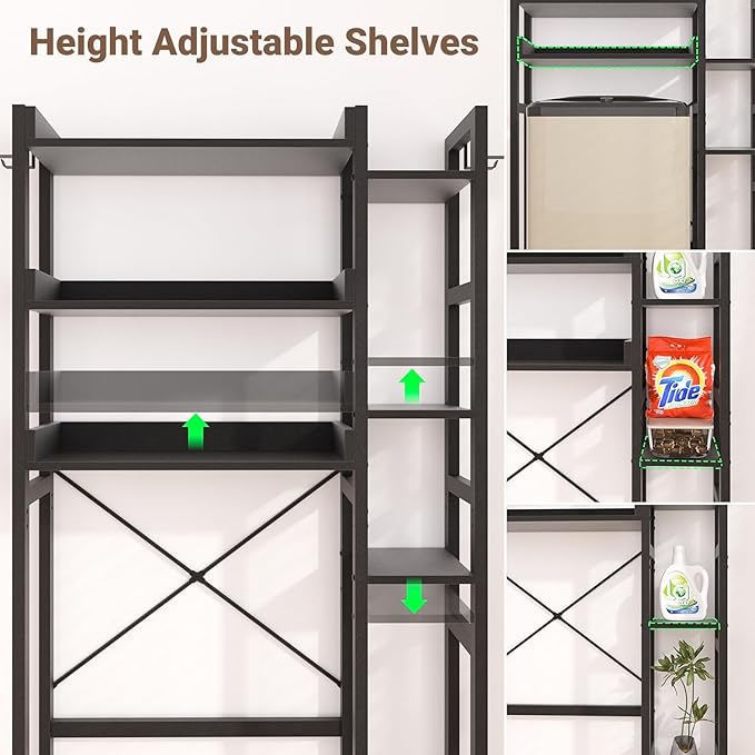 Besiost Over The Toilet Storage with 2 Drawers - 7 Tier Bathroom Organizer with Adjustable Shelf, Freestanding Space Saver Storage Rack Above Toilet Stand with 4 Hooks for Restroom, Laundry, Black