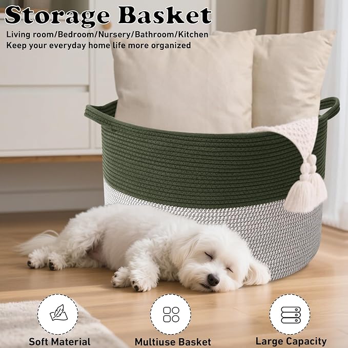 115L Extra Large Blanket Basket,Woven Rope Laundry Basket Hamper with Handles, Decorative Nursery Basket Storage Bin for Toys, Clothes Organizer, Living Room, Bedroom, Bathroom, Green&White