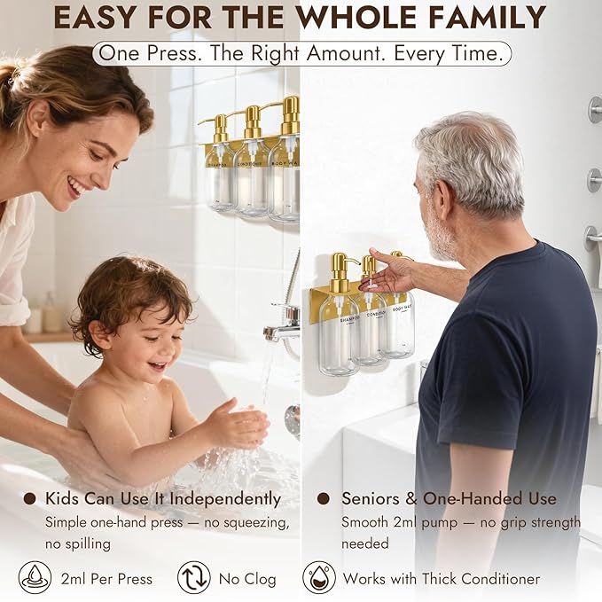 KOUCHU Shampoo and Conditioner Dispenser Set - Wall Mounted Shower Soap Dispenser - 17oz No-Drill Refillable Plastic Pump Bottles for Bathroom Kitchen - Includes Soap Dish and Hook (Transparent)