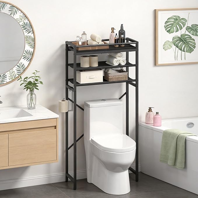MAHANCRIS Over The Toilet Storage, 3-Tier Over Toilet Bathroom Organizer with Paper Holder, Freestanding Bathroom Shelves Above Toilet for Balcony Laundry Room, Space Saving, Black TSBK1201