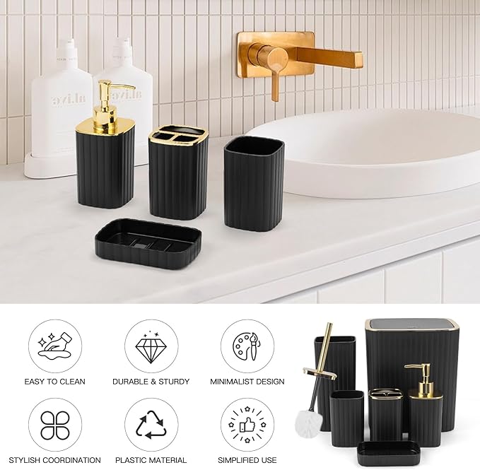 Bathroom Accessories Set-6PC Black Bathroom Set with Toilet Brush, Trash Can, Soap Dispensers and Toothbrush Holder, Soap Dish, Cup, Black and Gold Bathroom Decor for Modern Homes