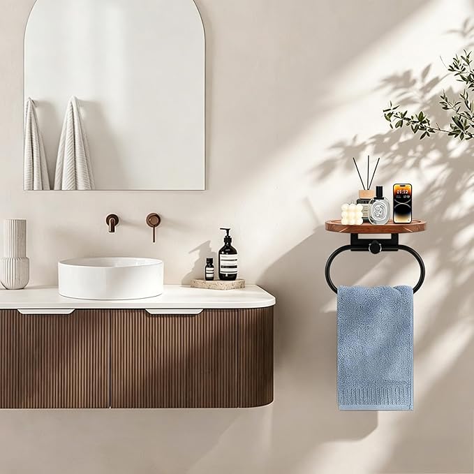 Hand Towel Ring with Shelf, Stainless Steel Hand Towel Holder, Heavy Duty Bath Accessories, Wall Mounted Towel Hanger for Bathroom Kitchen (Wood Black)