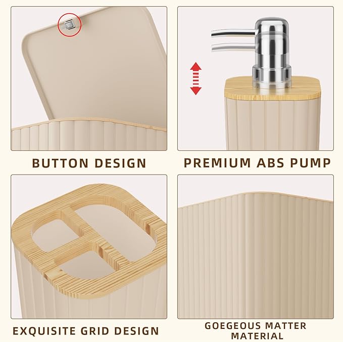 XLHOMO Bathroom Accessories Set - Elegant Beige Bathroom Set, 10PC Bathroom Accessory Set, Toilet Brush, Bathroom Trash Can