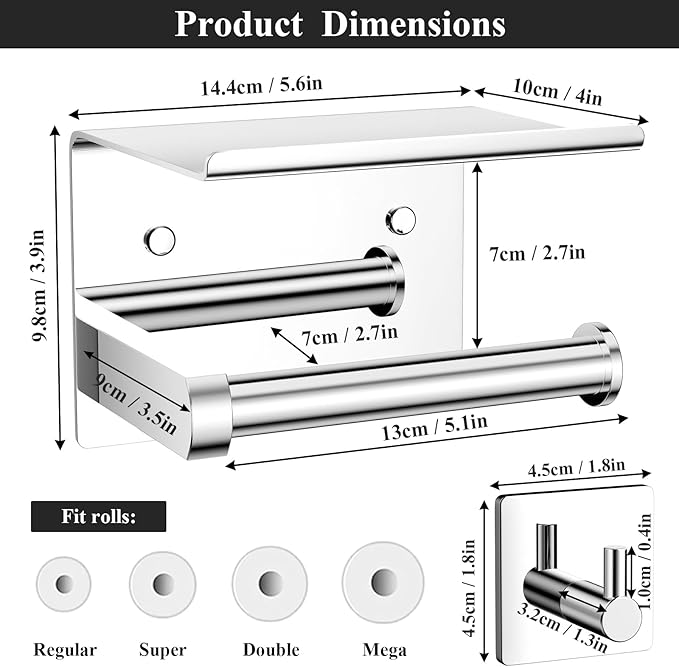 Tindbea Toilet Paper Holder with Phone Shelf + Towel Robe Hooks, Adhesive or Screw Wall Mounted Toilet Paper Roll Storage, Stainless Steel Bathroom Tissue Roll Holder (Polished Chrome)