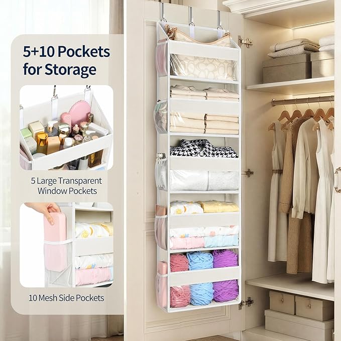 Yecaye 5 Tier Clear Over the Door Organizer Hanging, 5 Large Plastic Pockets and 10 Side Pockets Back of Door Organizer, 56lbs Weight Capacity Behind the Door Storage for Nursery, Ivory White