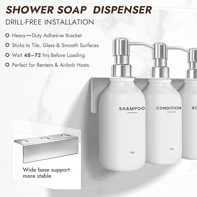 KOUCHU Shampoo and Conditioner Dispenser Set - Wall Mounted Shower Soap Dispenser - 17oz No-Drill Refillable Plastic Pump Bottles for Bathroom Kitchen - Includes Soap Dish and Hook (Silver)