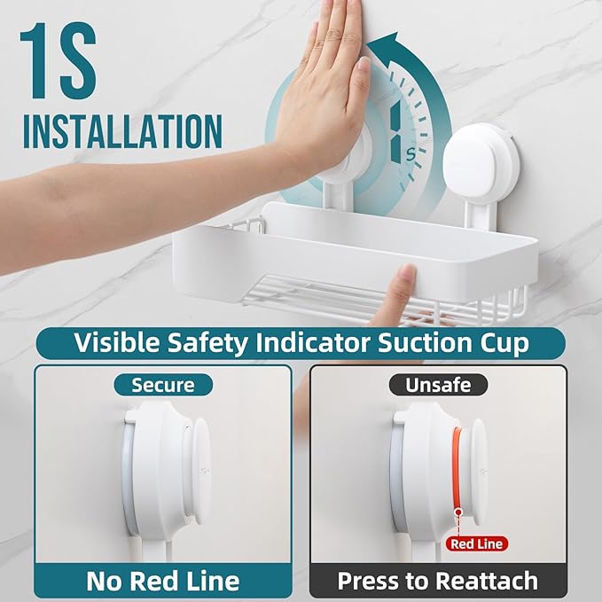 TAILI Shower Caddy Suction Cup 2 Pack With Visible Safety Indicator, Stainless Steel Rustproof Shower Shelves, No Drilling Wall Mounted Basket, Upgraded Removable Suction Cup Bathroom Organizers,White
