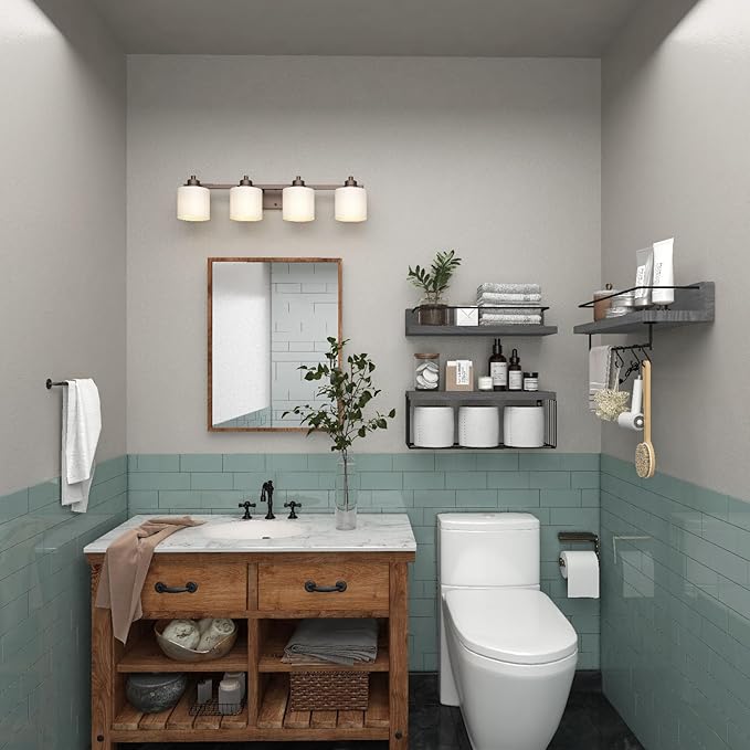 PopiShelves Bathroom Shelves Over Toilet for Wall, Floating Shelves with Storage Basket Paper Holer for Kitchen Living Room, Bedroom & Classroom, Set of 3 (Grey)