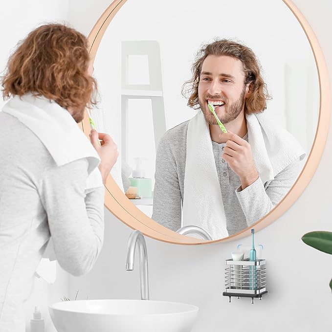 Toothbrush Holders for Bathroom, Adhesive Electric Toothbrush Holder with Fast Dry Tray Wall Mounted Toothbrush Holder Shower Toothpaste Bathroom Organizer Essentials, 2 Slots, Silver